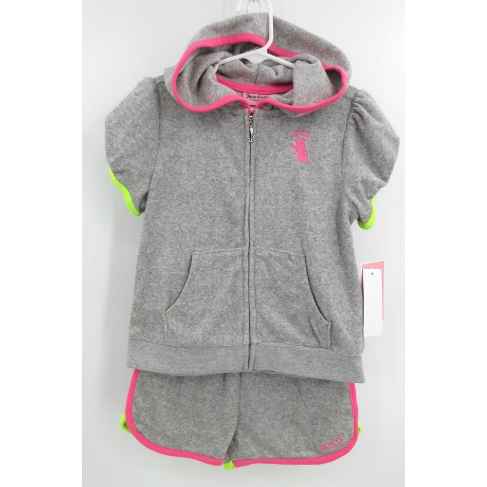 JUICY COUTURE Terry Cloth‎ Short Set Girl's 5 Zip Front Hoodie And Shorts GREY